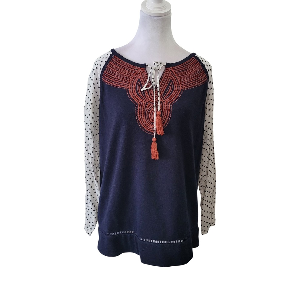 THML Women's Size‎ S Embroidered Boho Navy Polka Dot Long Sleeve Tassel FTM318